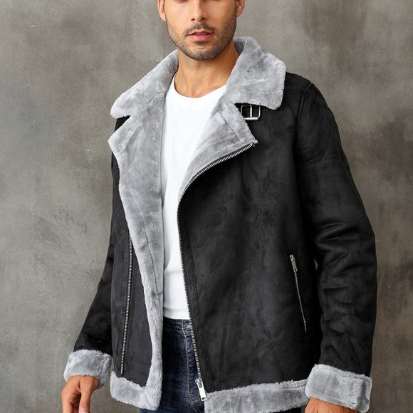 Black Casual Mens Zip Up Lapel Neck Teddy Lined Coat - Picture 3 of 5